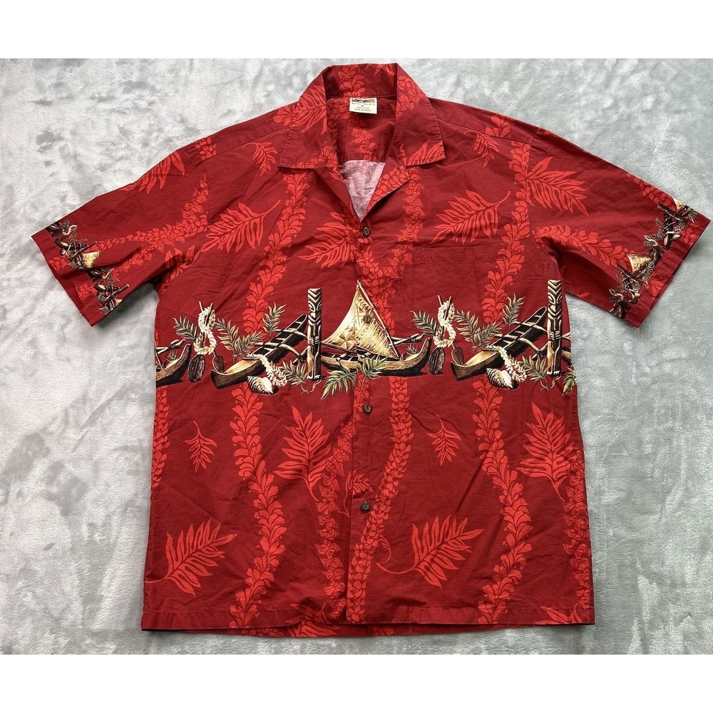 Winnie Fashion Shirt Men XL Red Hawaiian Aloha  Floral Canoe Ma'a Tiki Conch Dad